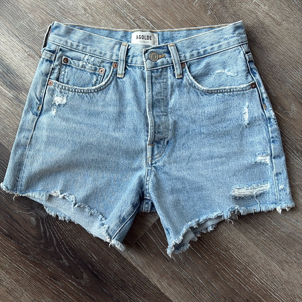 Agolde 25 PARKER LONG Swapmeet Distressed Denim Shorts